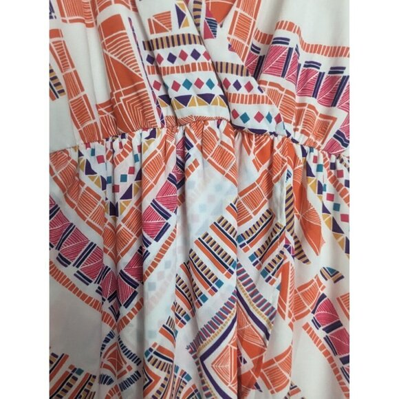 Everly Faux Wrap V-Neck Sleeveless Dress Cream Orange Aztec Print Size Medium - Picture 4 of 7